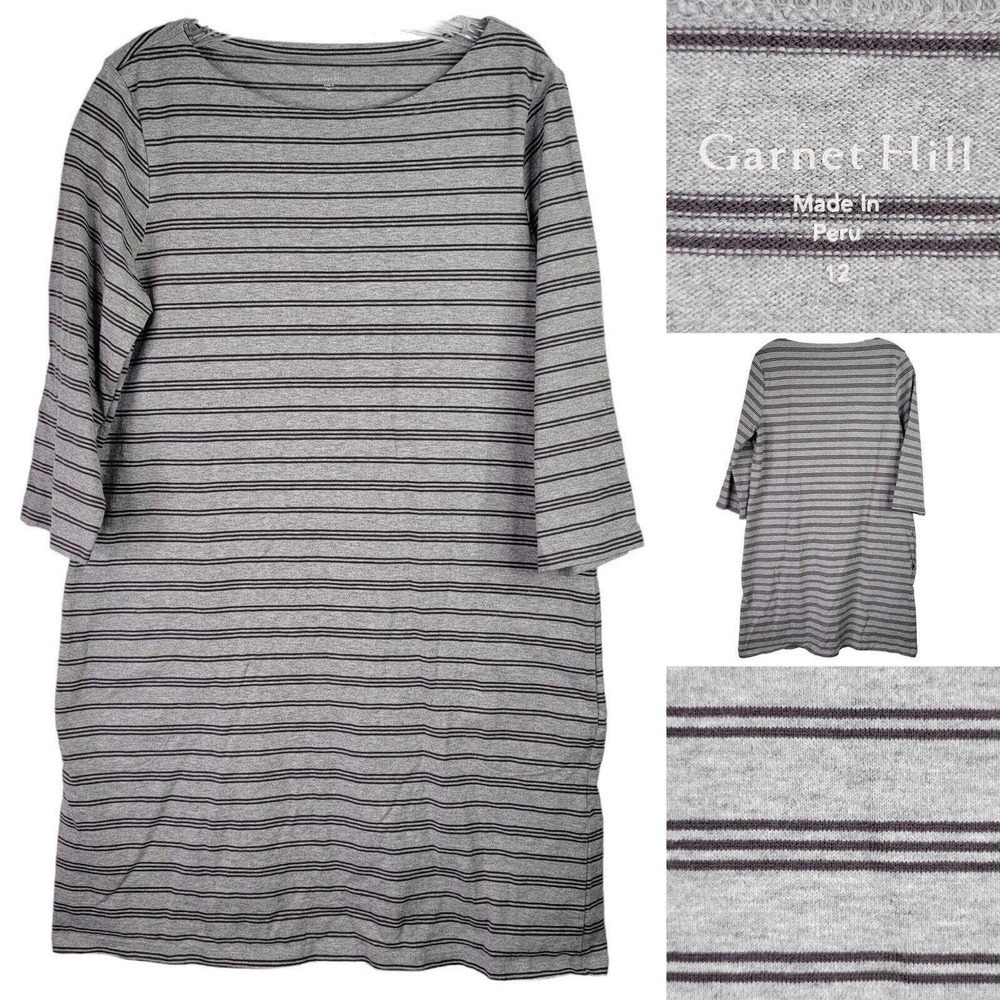 Garnet Hill Dress Women's Size 12 Gray Black Striped Pockets Organic Cotton